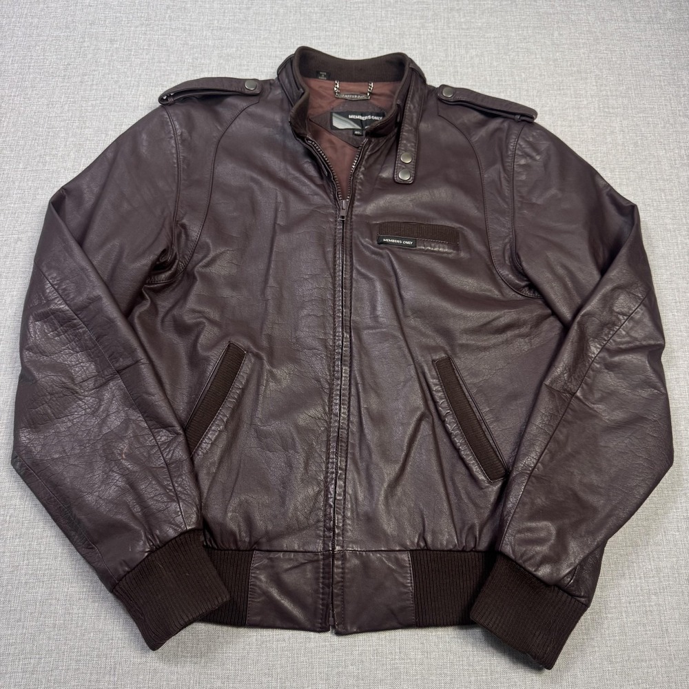 Members Only Vintage Leather Bomber Jacket Mens 40L Brown Lined Full Zip